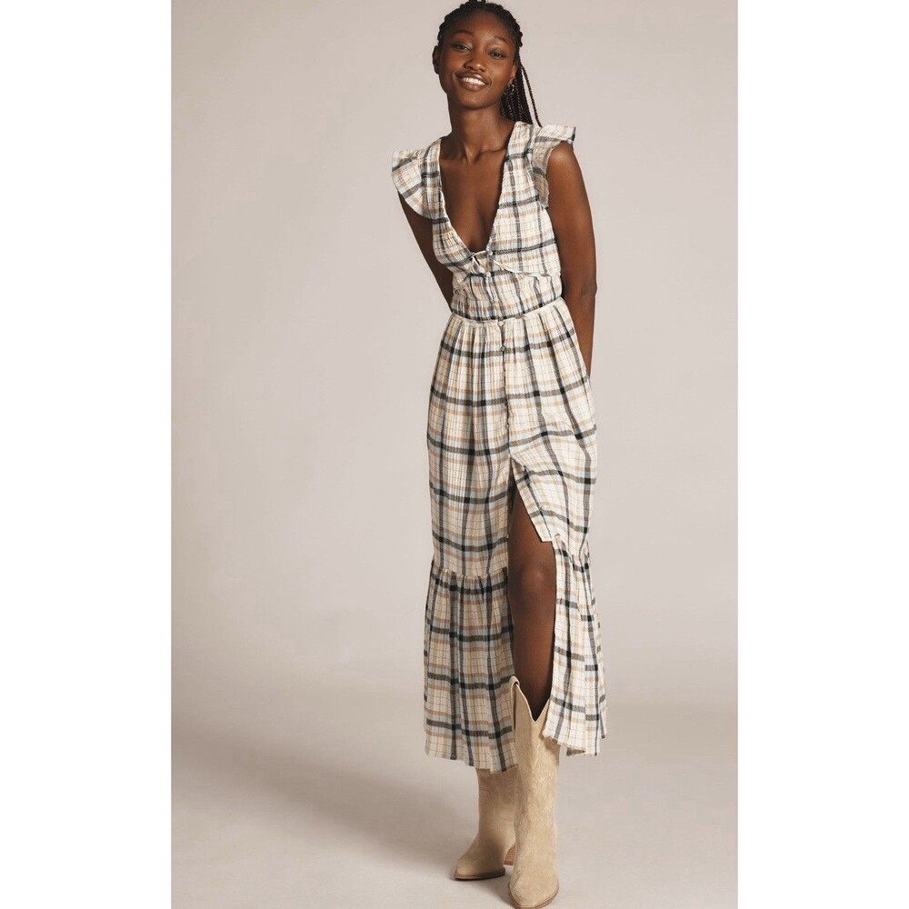 Anthropologie Midi Dress Women Peregrine Blue Plaid Preppy Vacay Boho Size L NWT